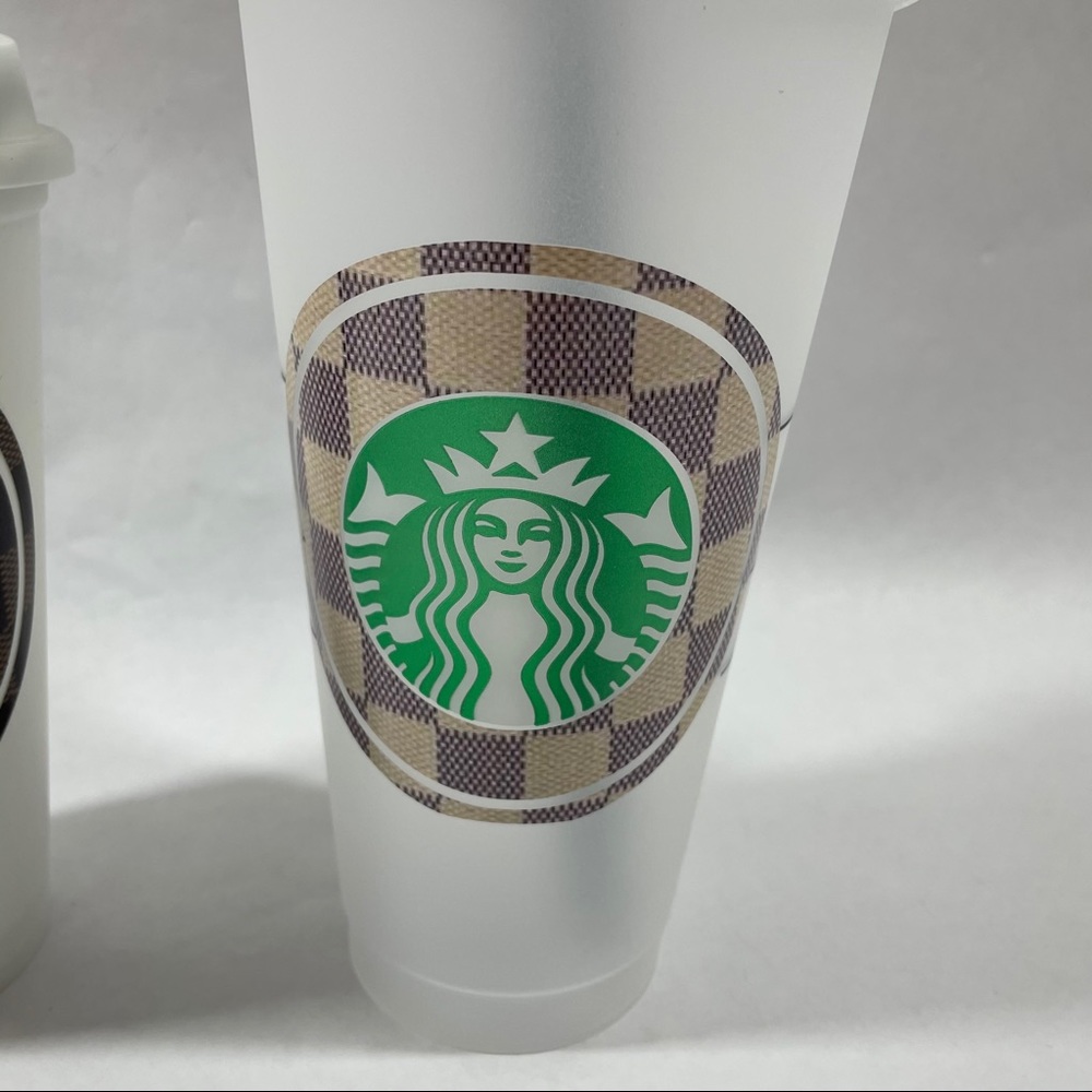 White checkered cold reusable Starbucks‎ cup
